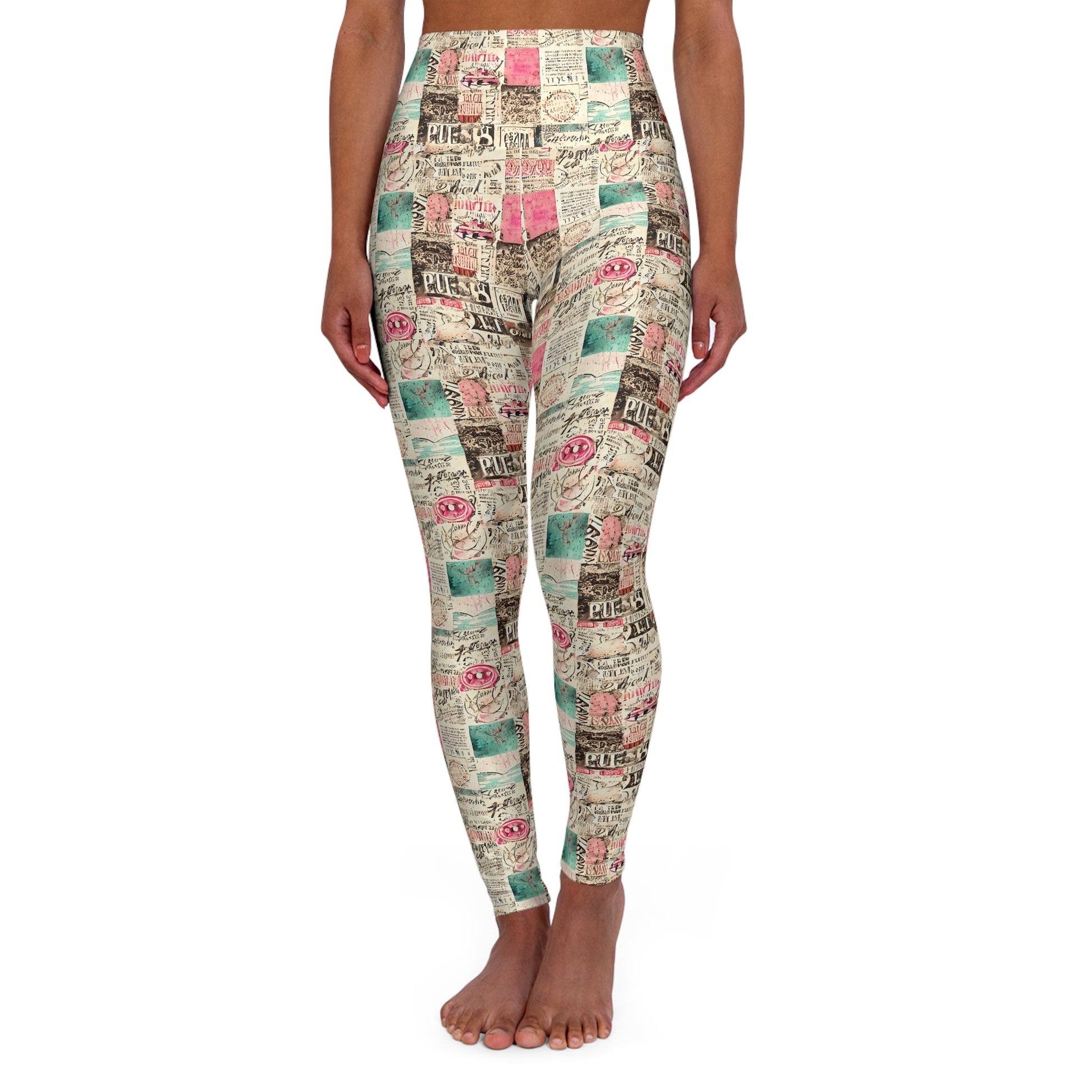 Yoga Leggings - Abstract Collage of Paper with Messages Design