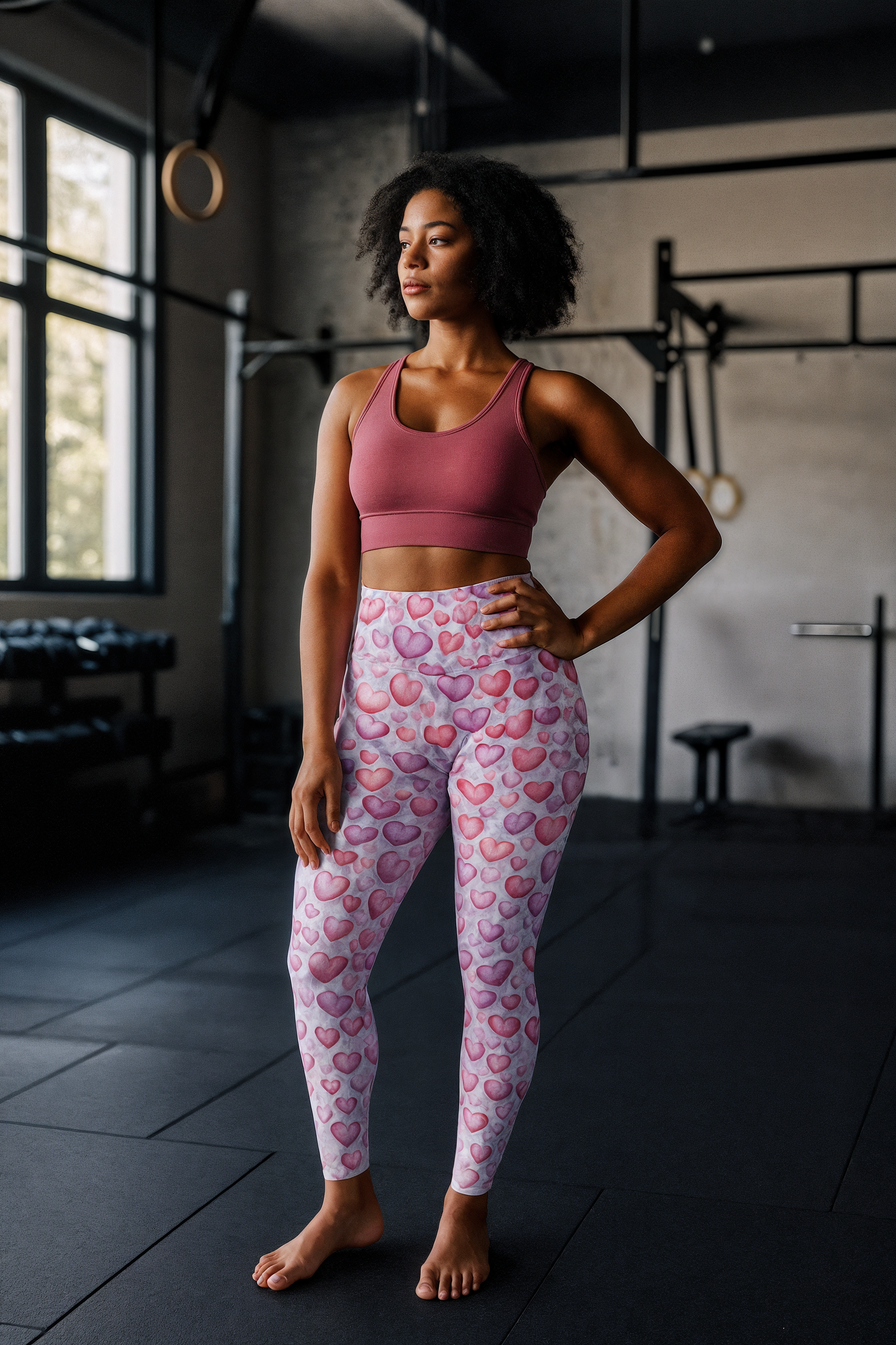Yoga Leggings - Seamless Heart Pattern in Pink, Red, and Purple