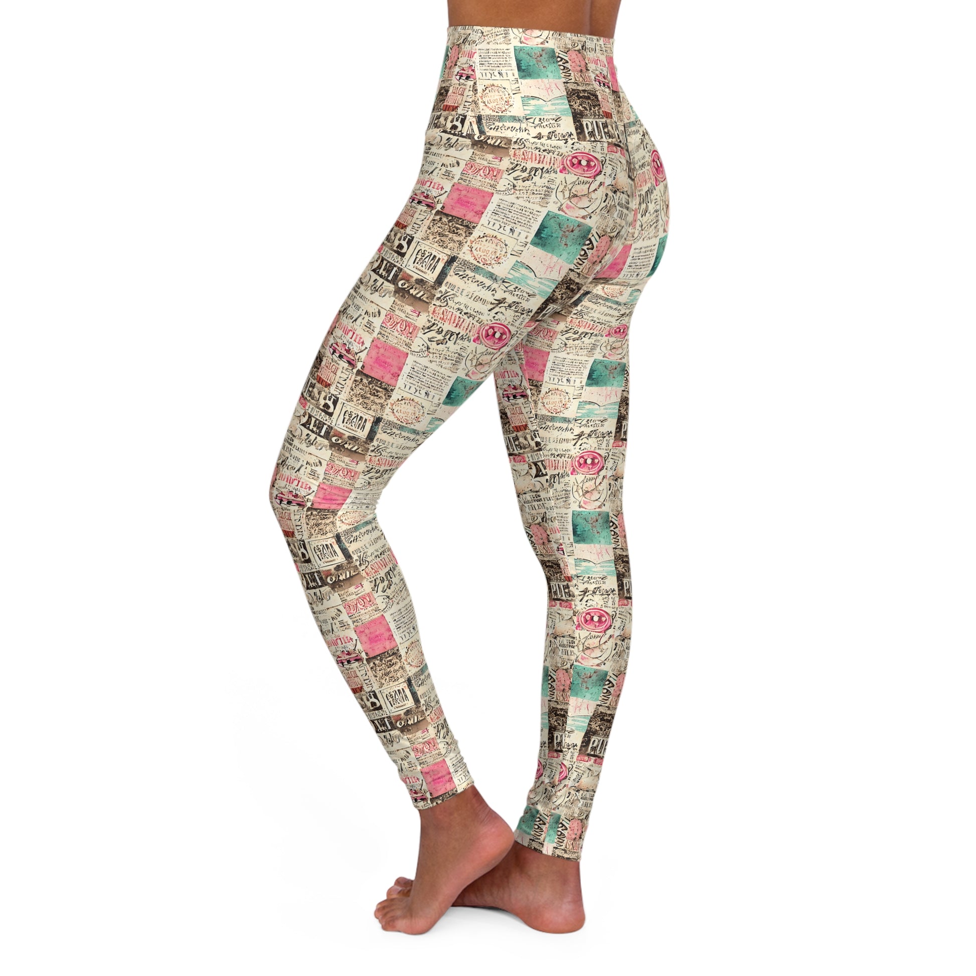 Yoga Leggings - Abstract Collage of Paper with Messages Design