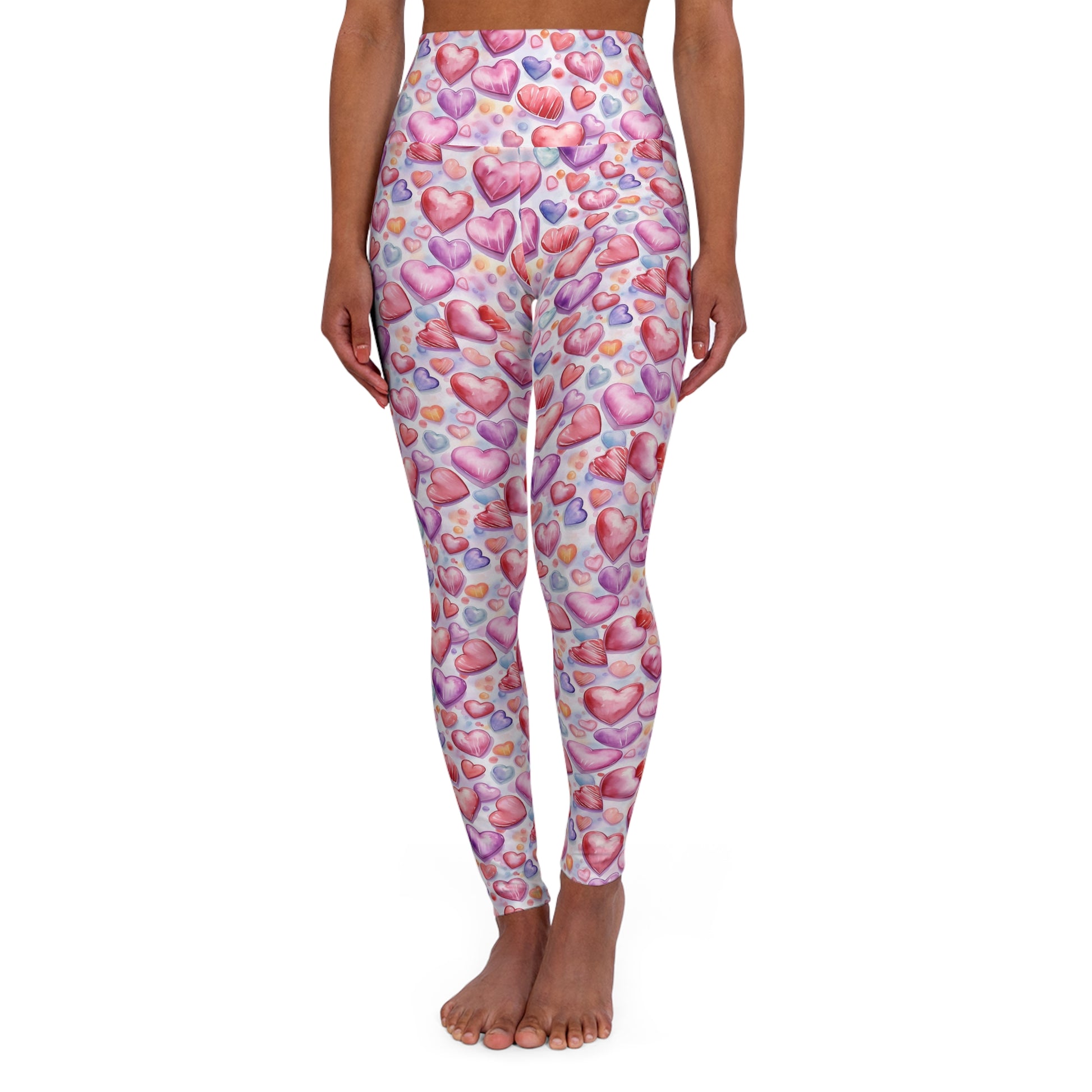 Yoga Leggings - Seamless Heart Pattern in Pink, Red, and Purple