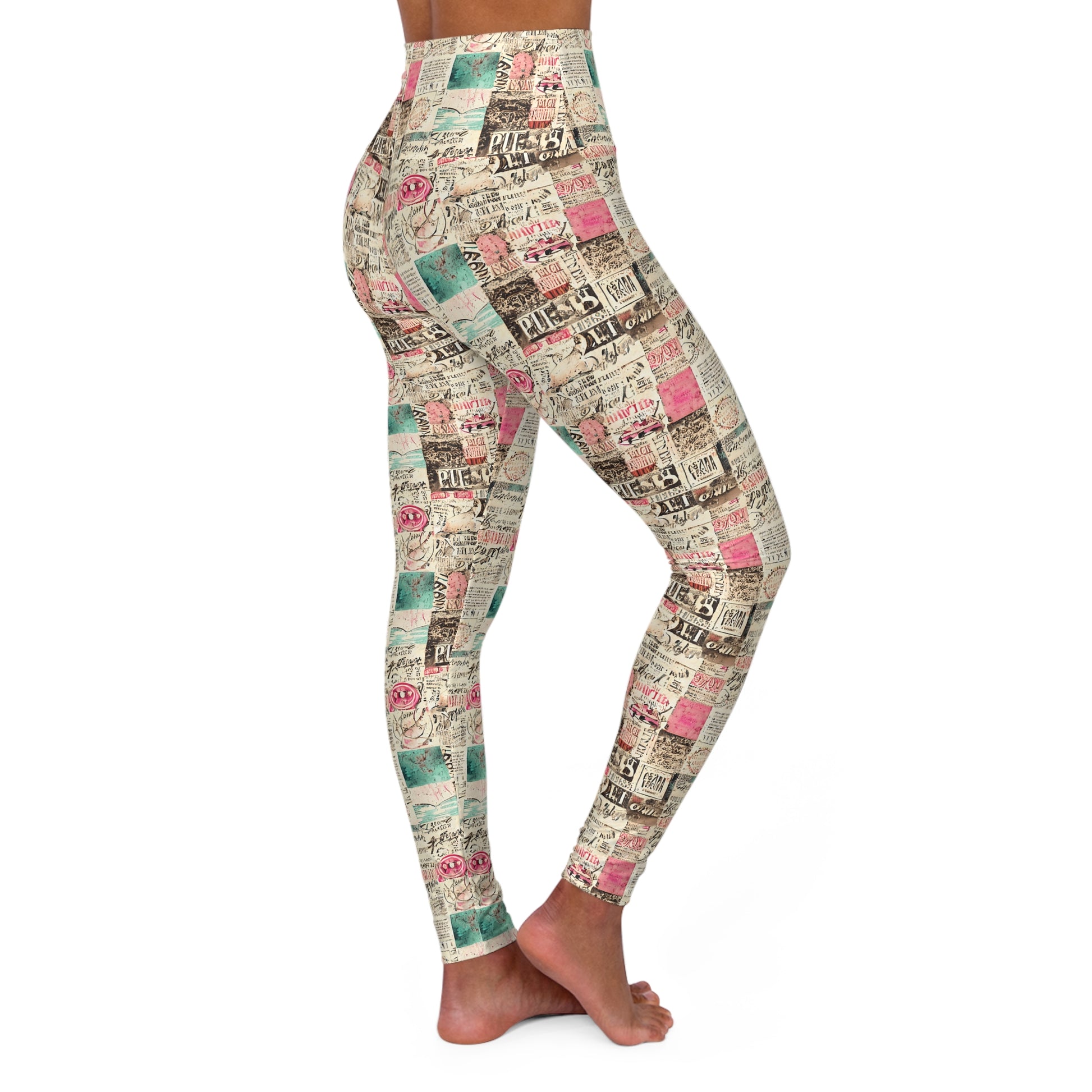 Yoga Leggings - Abstract Collage of Paper with Messages Design