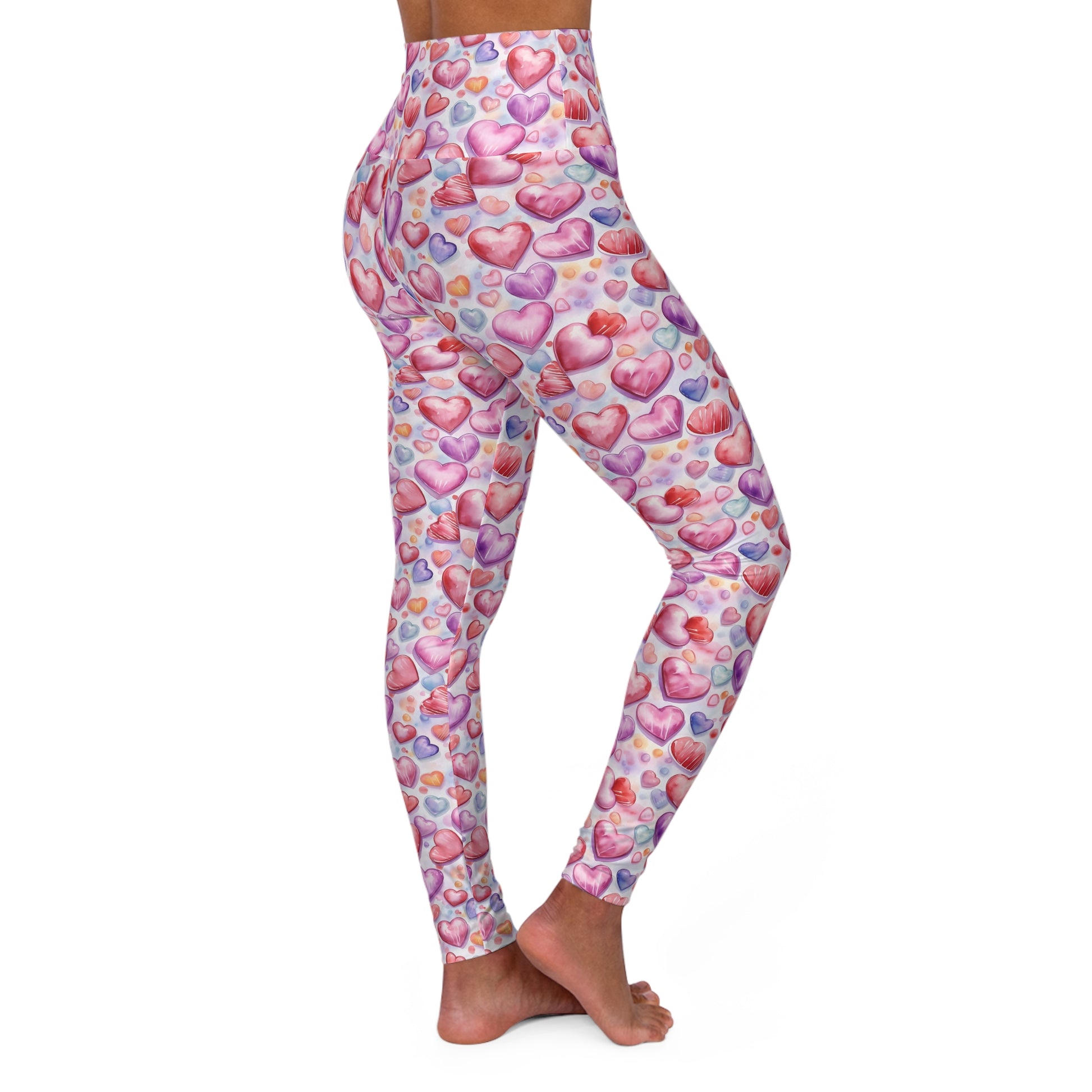Yoga Leggings - Seamless Heart Pattern in Pink, Red, and Purple